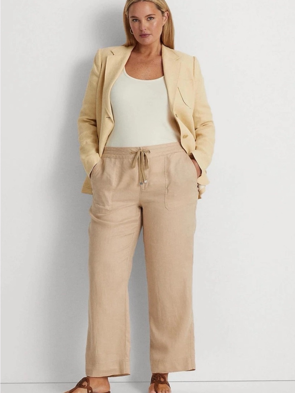Lauren Ralph Lauren Women's Beige Drawstring Linen Pants Coastal Beachy